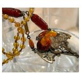 Art Deco Faceted Glass Stone & Apple Juice Bead Necklace 