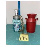 mason jar lamp with seed packets & milk can decor