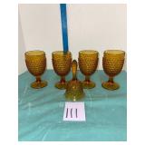 Fenton amber hobnail glasses and bell art glass