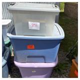 Stack of Three Assorted Plastic Storage Totes with