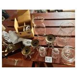 Vintage brass and glass candle holders, vases