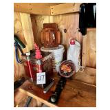 Knife, Coleman fuel containers, Leather tool pouch