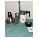 VTG Corning Ware blue percolator & tea kettle