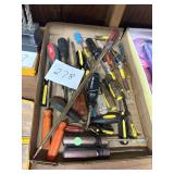 Assortment of Used Screwdrivers in Cardboard Box