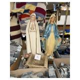 Two Virgin Mary Statues and Ceramic Planter