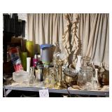 Assorted Glassware and Brass Lamp, kitchen