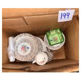 Vintage Floral China and Green Glass Dish Set