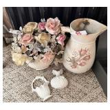 Decorative Floral Set: Pitcher, Basket, and Vases