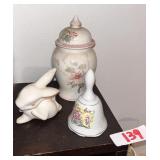 Ceramic Bunny, Floral Lidded Jar, and Rose Bell