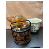 Lot of decor carnival glass oriental pot & storage