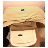 KING PILLOWS, COVERLET AND 2 SHAMS, BIN WITH LID