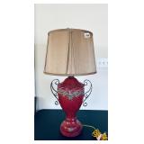 BEAUTIFUL RED BASE ORNATE LAMP, BEIGE SHADE