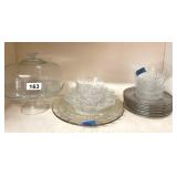 GLASS CAKE STAND, EGG PLATE, MISC CLEAR GLASS