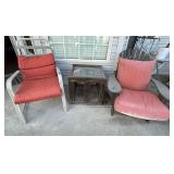 PATIO SET - 2 CHAIRS AND WOODEN TABLE - SHOWS WEAR