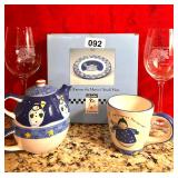 WINE GLASSES, SMORES PLATE,TEAPOT, CUP SET