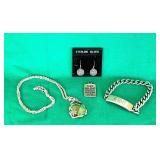 STERLING SILVER ID BRACELET, SS EARRINGS, ETC