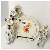 VINTAGE BLUE & WHITE FIGURINES & BEVARIA PLATE