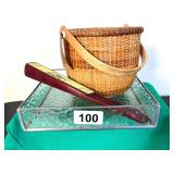 GLASS TRAY, NANTUCKET BASKET, ASIAN FAN