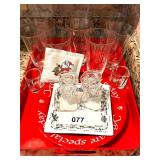 RED TRAY, MISC PLATES AND CLEAR ICED TEA GLASSES