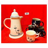 VTG PFALTZGRAFF COFFEE POT, POTTERY MUGS