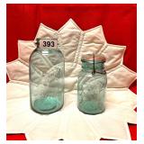 2 VINTAGE AQUA BALL JARS - ONE WITH LID
