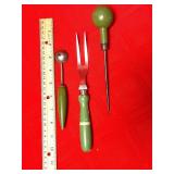 PAIR OF JADEITE ROOSTERS, VTG KITCHEN TOOLS