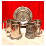 VTG WILTON AND ENGLISH PEWTER, WINE PLATE, MUGS