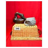 CARVED DUCK DUCK POTTERY PLANTER, SPLIT OAK BASKET
