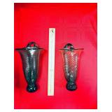PAIR OF GREEN MOUTH BLOWN GLASS WALL POCKETS