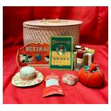 VINTAGE PINK WICKER SEWING BASKET - FULL OF MISC