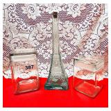 EIFFEL TOWER BOTTLE W CORK, 2 GLASS SQ JARS & TOPS
