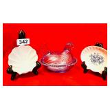 VINTAGE MINIBLUE GLASS HEN ON NEST, ETC