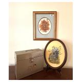 VINTAGE SRIED FLOWER ART, VTG METAL BOX, OVAL ART