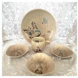 MCM RED WING POTERY BOB WHITE PLATE, 3 BOWLS,MUG