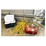 VINTAGE STEP STOOL, COOLERS, AIR TANK, ELECT CORD