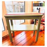 VINTAGE PAINTED GREEN 2 TIER TABLE ON CASTERS