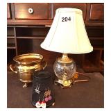 BRASS  ASIAN LAMP, FOOTED BRASS PLANTER, EARRINGS