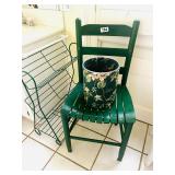 VINTAGE GREEN SLAT CHAIR, METAL STAND,TRASH CAN