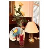 LAMP, FAN, RED GLASS VASE, FAUZ ROSES IN VASE