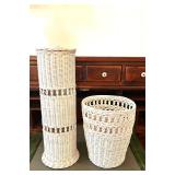 VINTAGE WHITE WICKER TRASHCAN & PAPER ROLL HOLDER