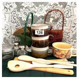 BASKETS  POTTERY MUGS, S & P VTG CAKE TESTER