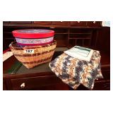 BASKET,HAT BOX, CROCHETED PRAYER SHAWL & MORE