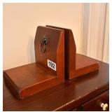 PAIR OF WOODEN BOOKEN WITH BRASS LION HEAD ON SIDE