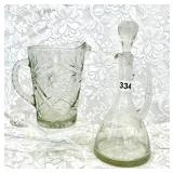 VINTAGE GLASS PITCHER, ETCHED DECANTER