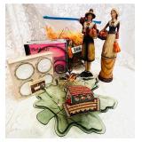 FALL LEAVES, PAIR PILGRIM FIGURES, CANDLES, ETC