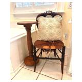 ANTIQUE CHAIR SHOWS WEAR, PLANT STAND & PILOW