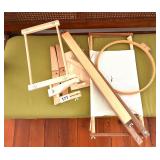 GROUP OF NEEDLWORK STRETCHER BARS AND HOOPS