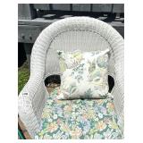 PAIR OF WHITE RESIN WICKER CHAIRS, CUSHIONS