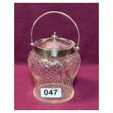 ANTIQUE SILVER PLATED BISQUIT GLASS JAR AND SP ROP
