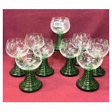 9 ANTIQUE GERMAN GREEN STEM ETECHED WINE GLASSES
